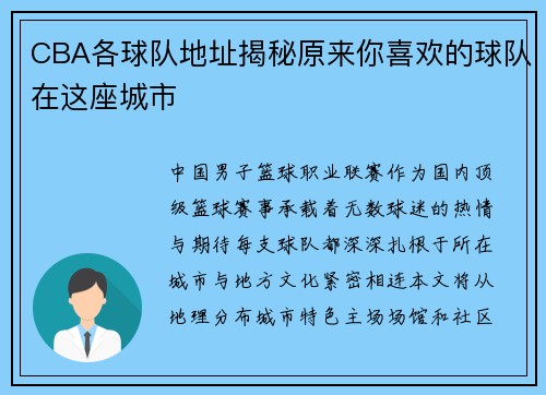 CBA各球队地址揭秘原来你喜欢的球队在这座城市